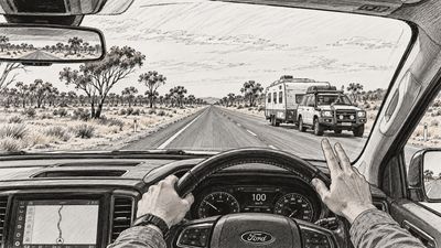 Pencil sketch from the driver's seat of a car on an outback highway, the driver's hand raised from the wheel in a wave to an oncoming four-wheel drive towing a caravan